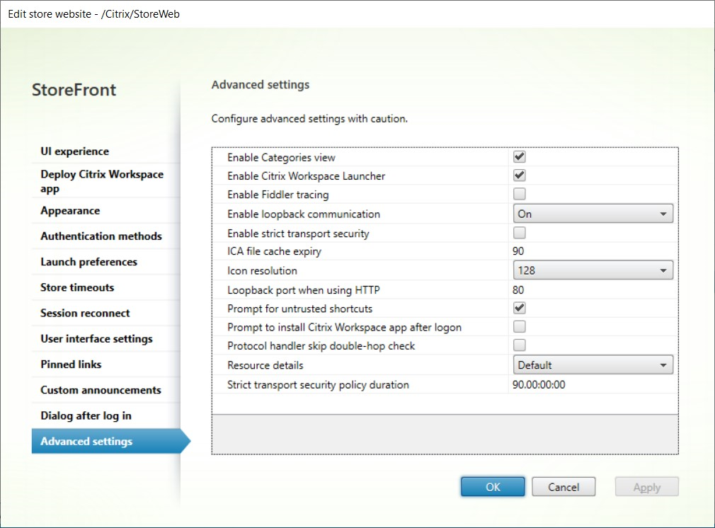 Screenshot of advanced settings tab