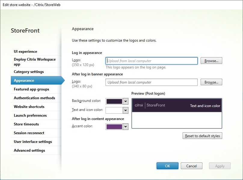 Screenshot of appearance tab