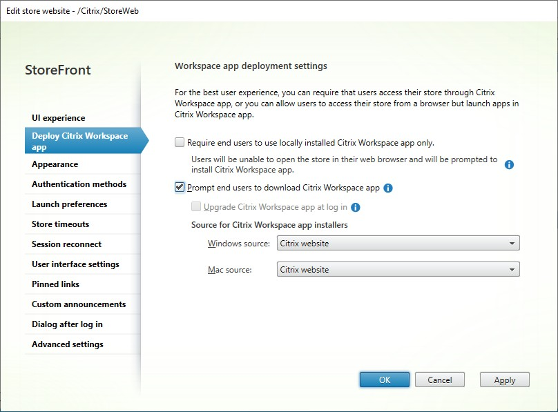 Screenshot of Deploy Citrix Workspace app tab