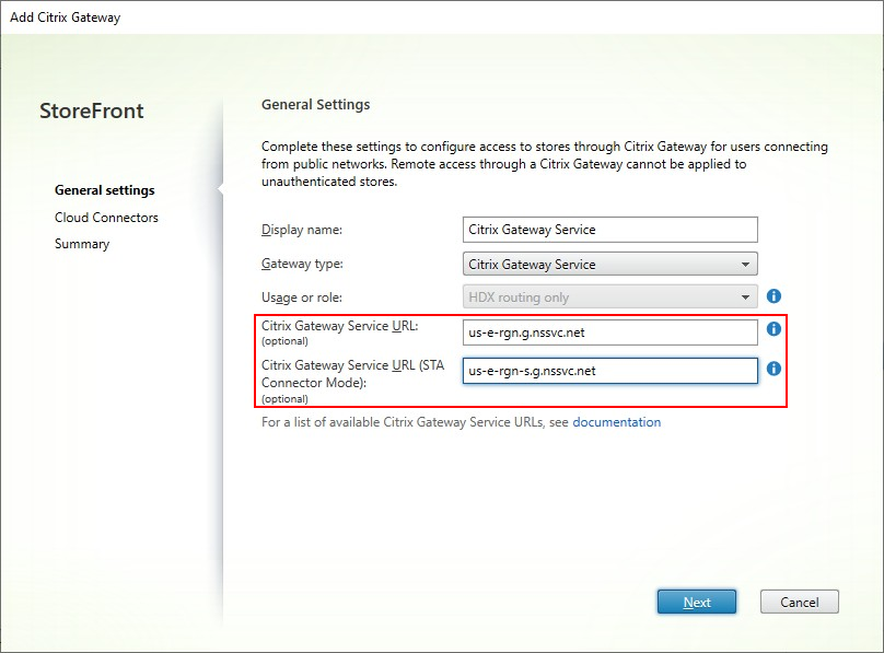 Screenshot of gateway configuration with gateway service URL highlighted