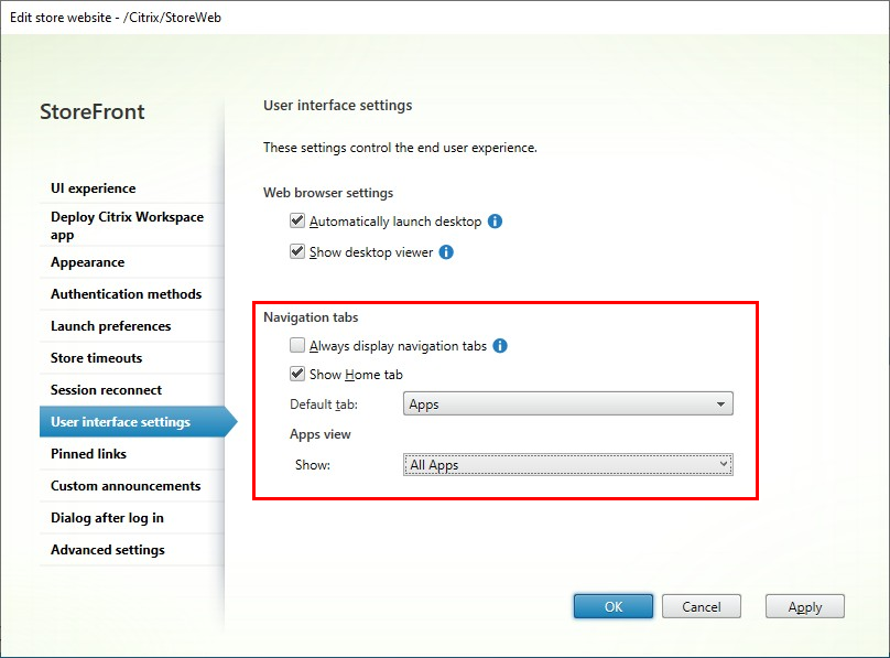 Screenshot of navigation settings