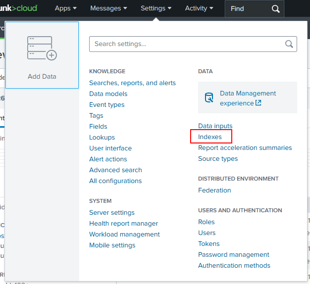 Splunk settings menu
