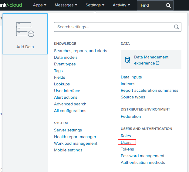 Splunk settings menu