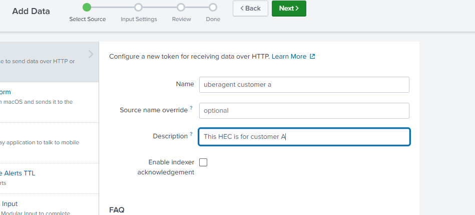 Splunk add HEC input
