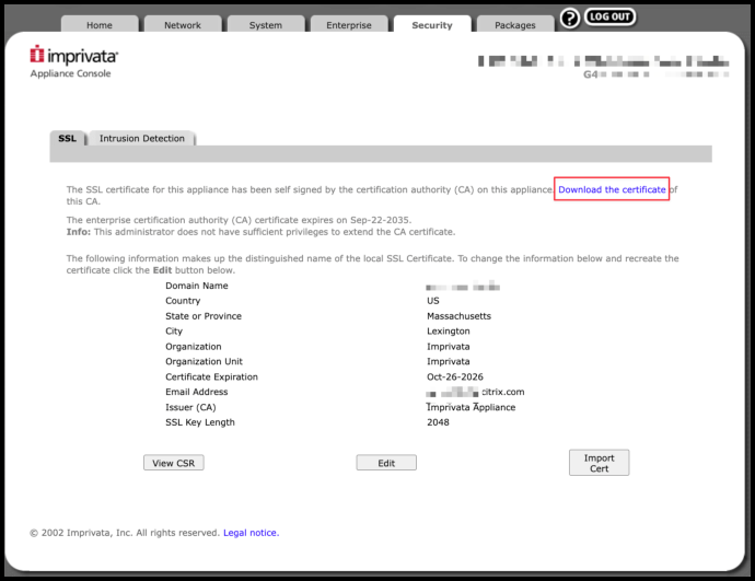 Imprivata Self-Signed Certificate Screenshot