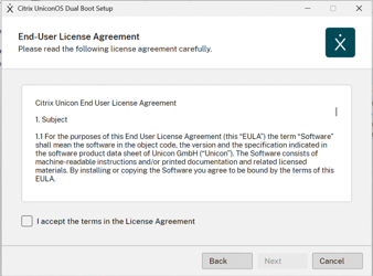 Accepting the UniconOS Dual Boot license agreement