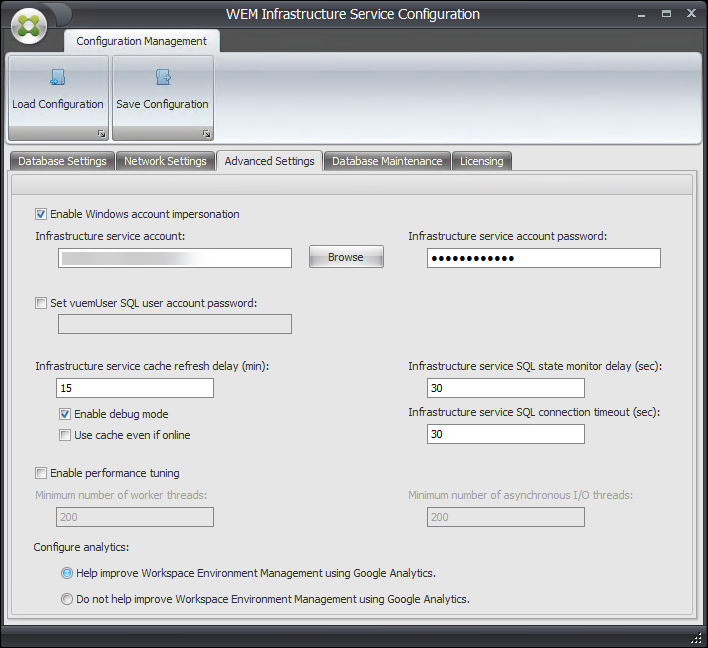 Infrastructure service configuration advanced setting