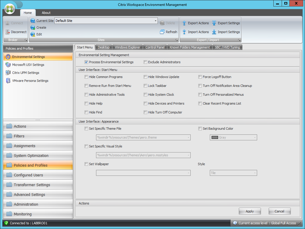 Environmental settings start menu