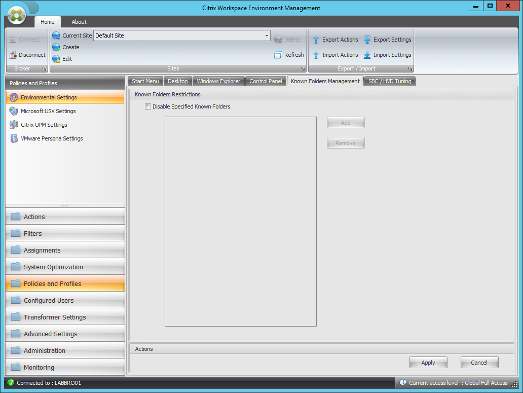 Environmental settings known folders management