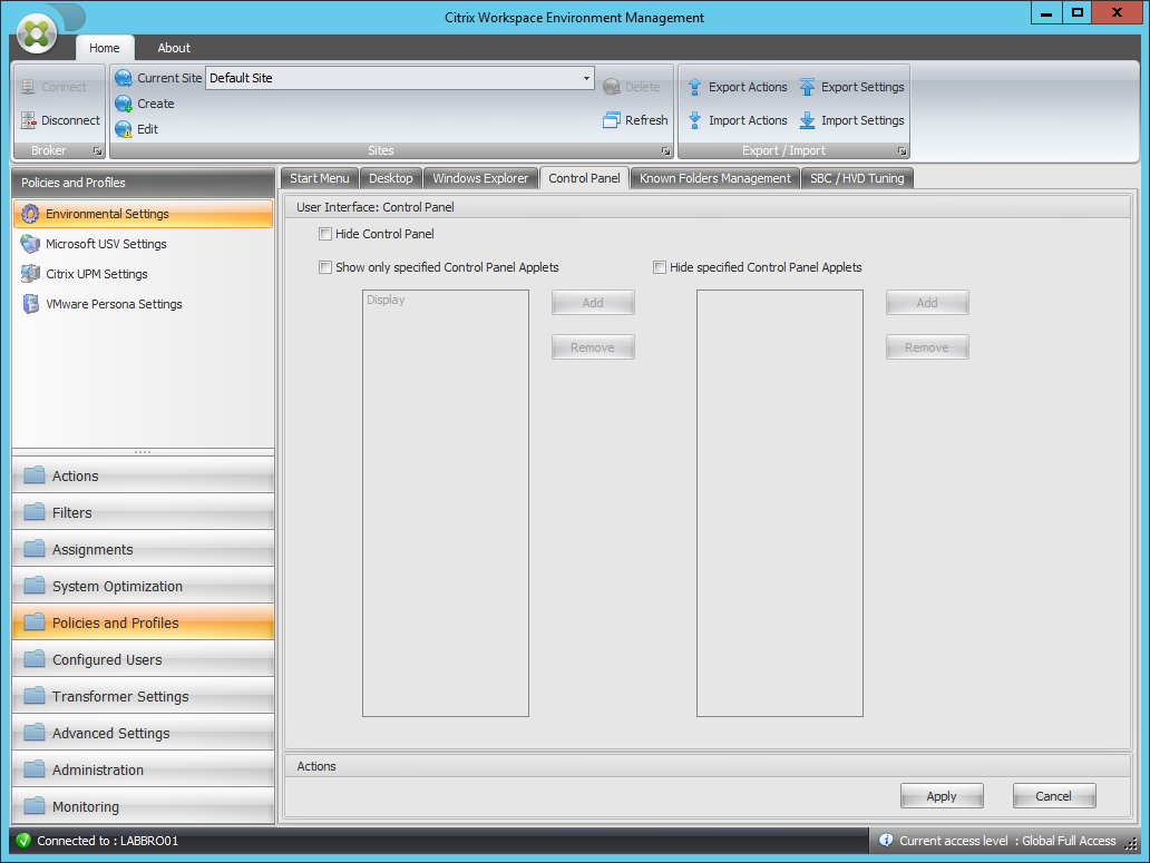 Panel de control de la configuración del entorno