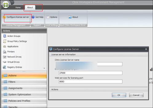WEM console Configure License Server dialog box