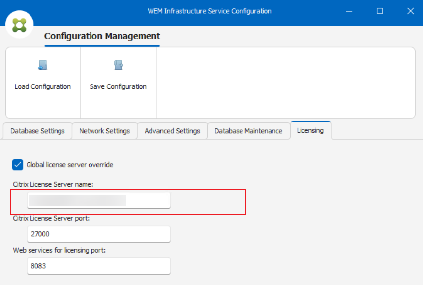 License server name in the configuration utility