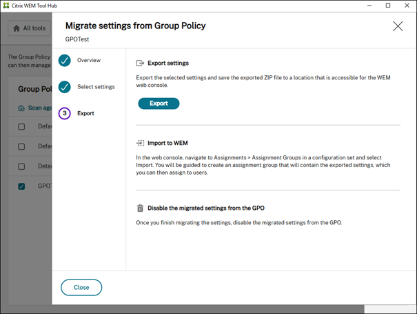 Migrate export select