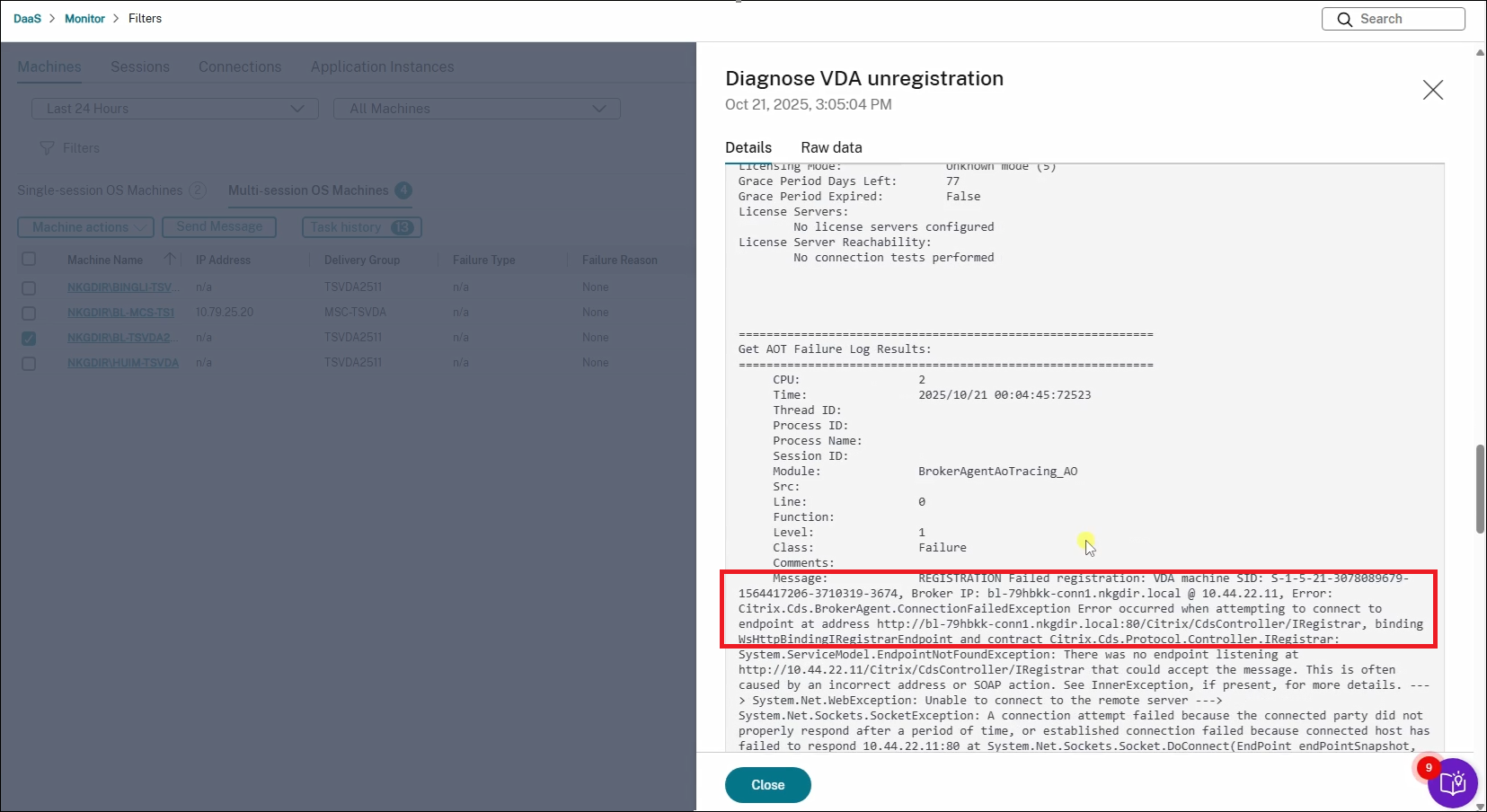 Service error in the diagnosis result