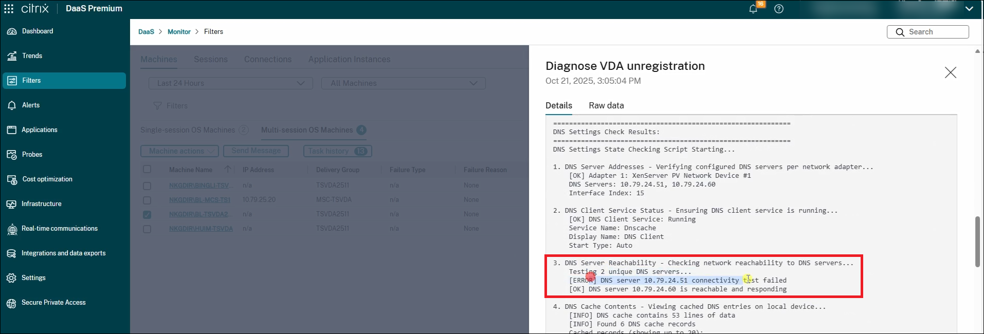 DNS error in the diagnosis result