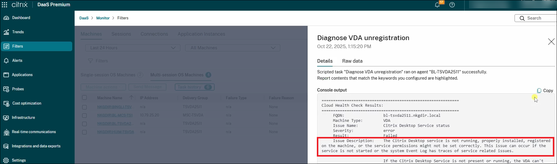 Service error in the diagnosis result