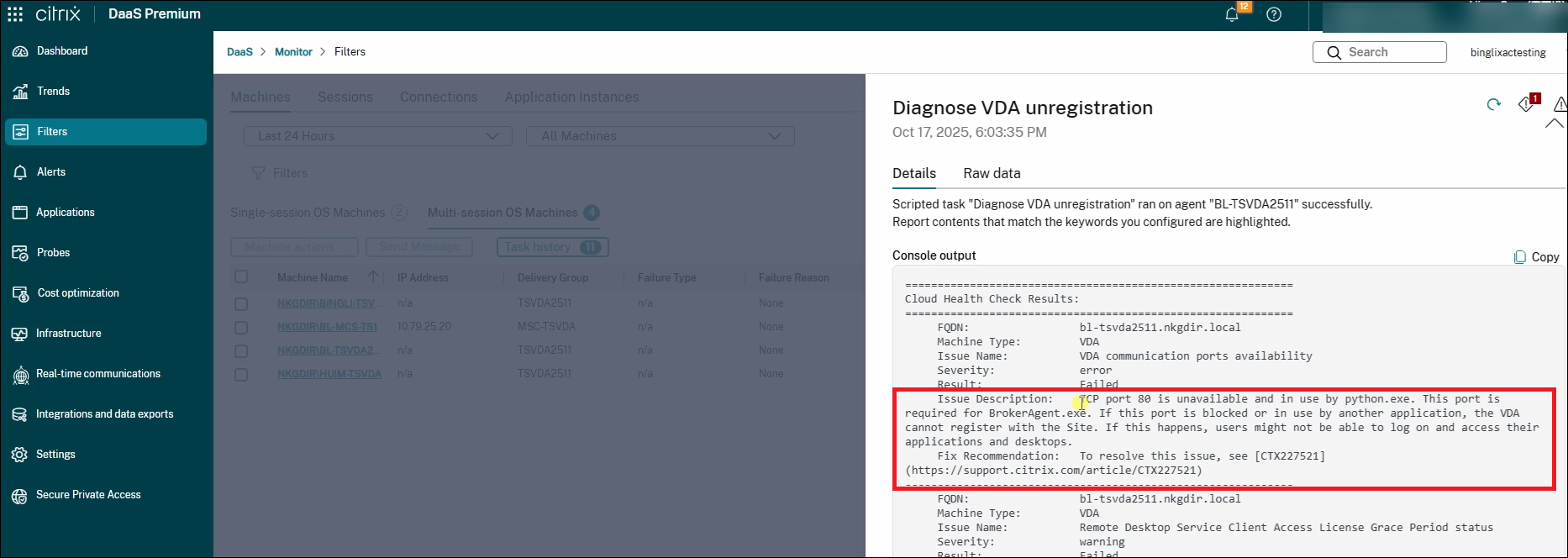 TCP port error in the diagnosis result