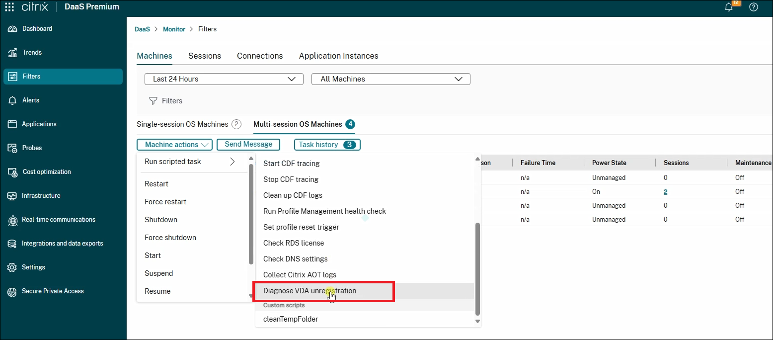 Diagnose VDA Unregistration scripted task