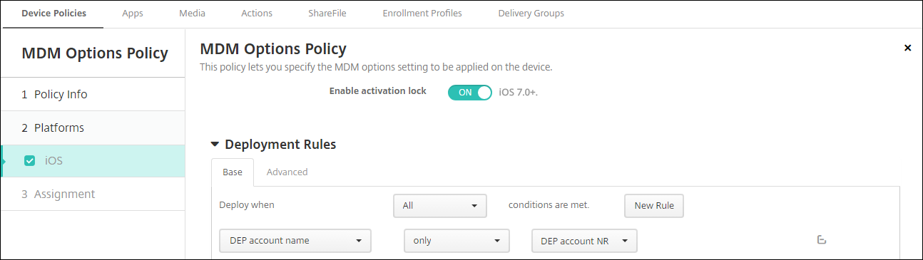 Apple device program settings screen