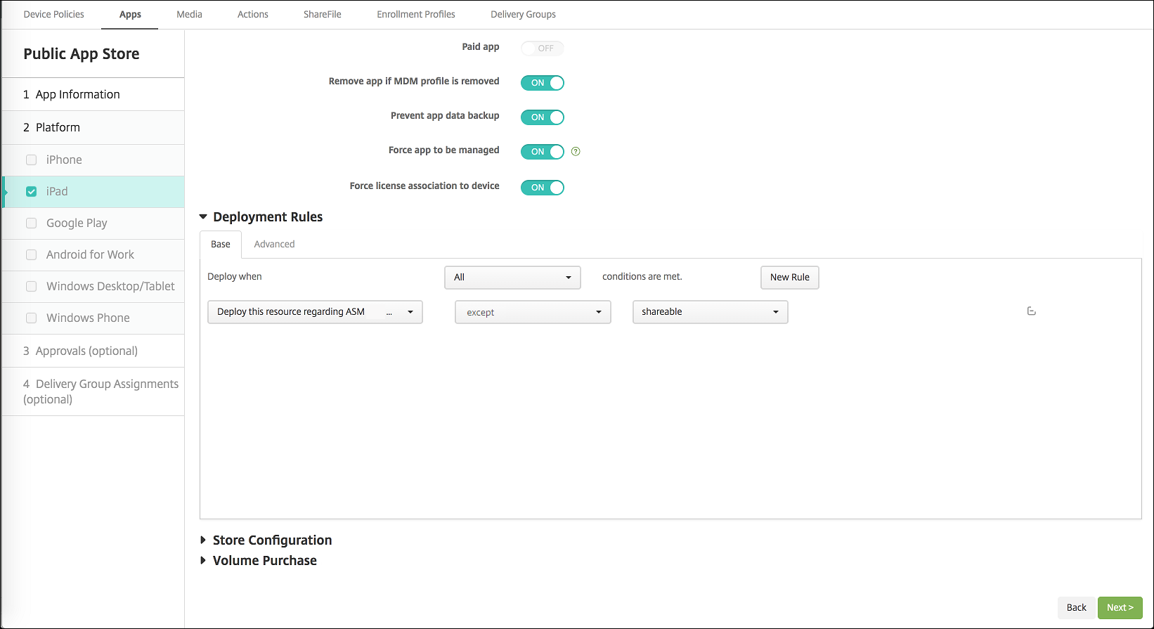 Écran de configuration des applications