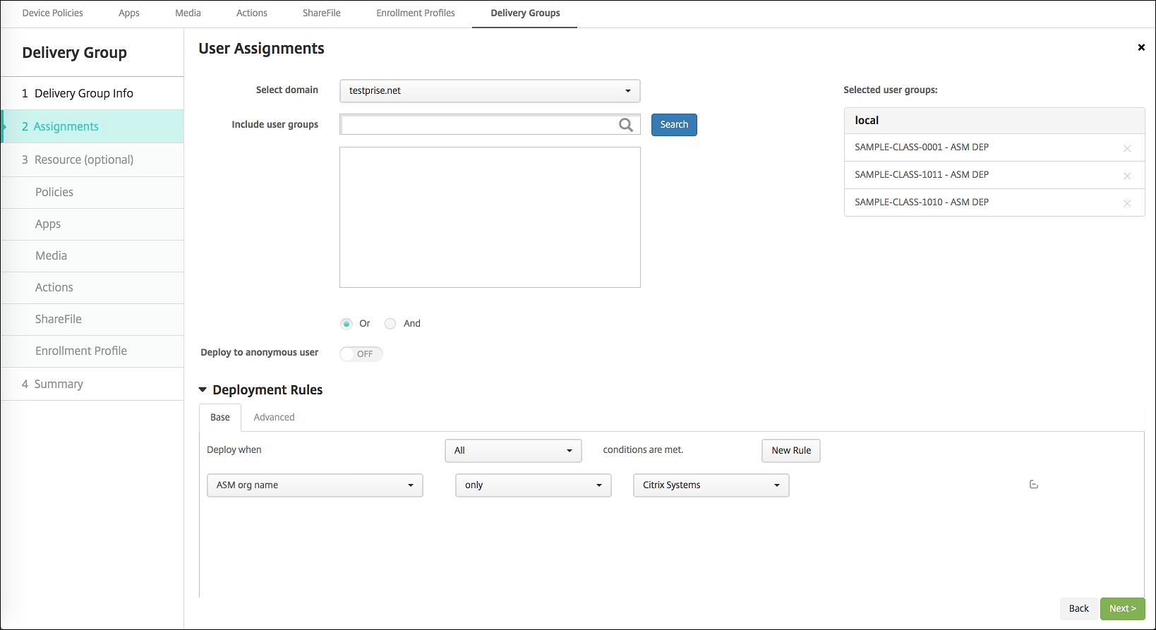 Pantalla de configuración de grupos de entrega