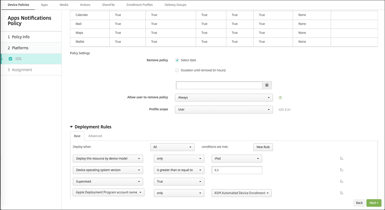 Device Policies configuration screen