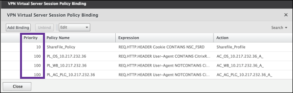 Écran Policy Binding du serveur virtuel VPN