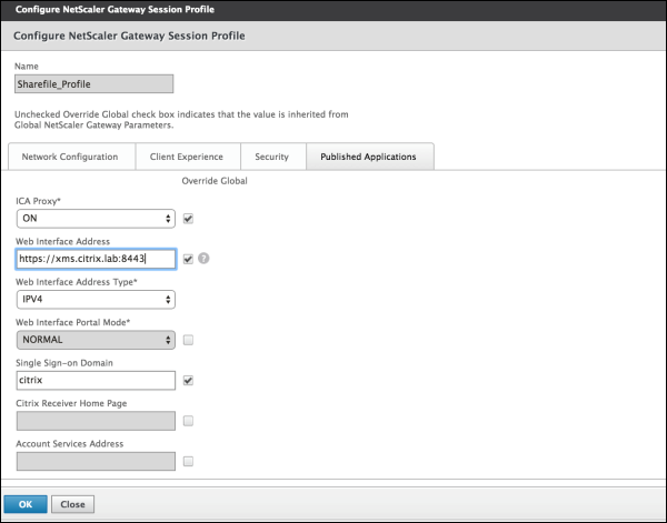 Pantalla de perfil de sesiones en Citrix Gateway