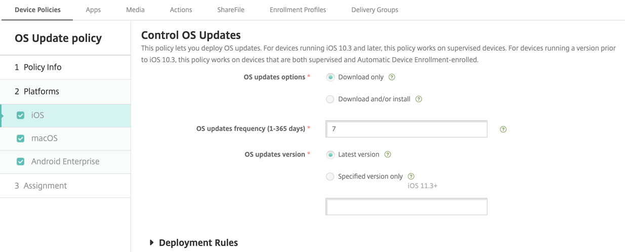 Imagen de la pantalla de configuración Directivas de dispositivo