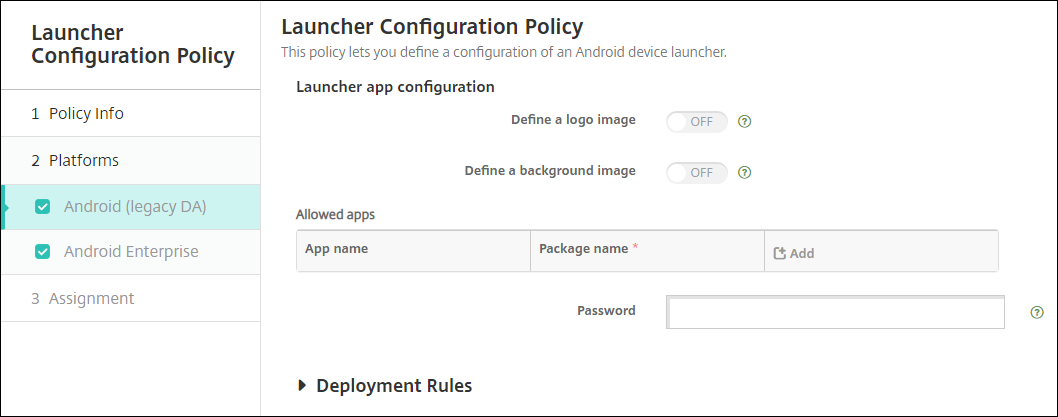 Imagen de la pantalla de configuración Directivas de dispositivo