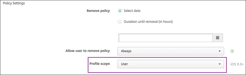 Écran de configuration Stratégies d’appareil