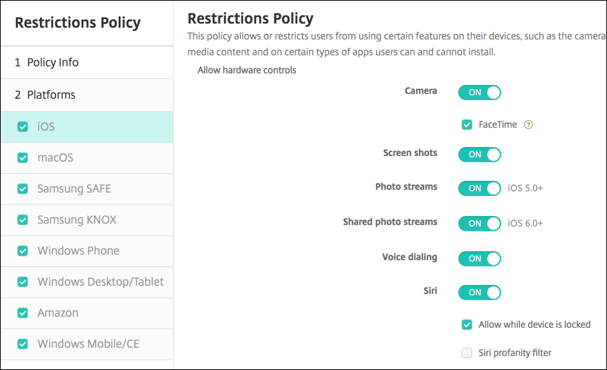 Image of Device Policies configuration screen