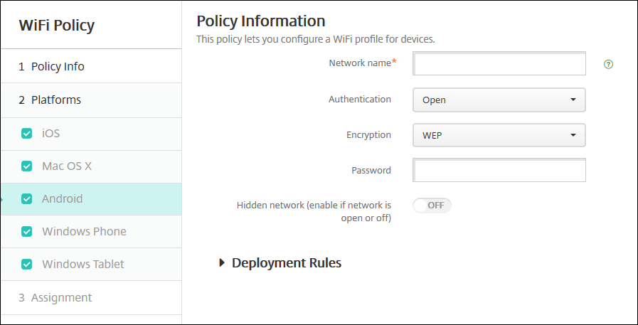 Image de l'écran de configuration Stratégies d'appareil