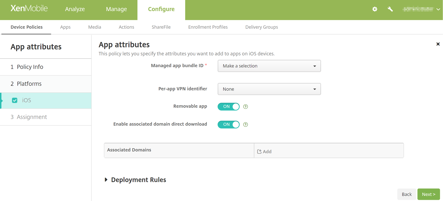 Imagen de la pantalla de configuración Directivas de dispositivo