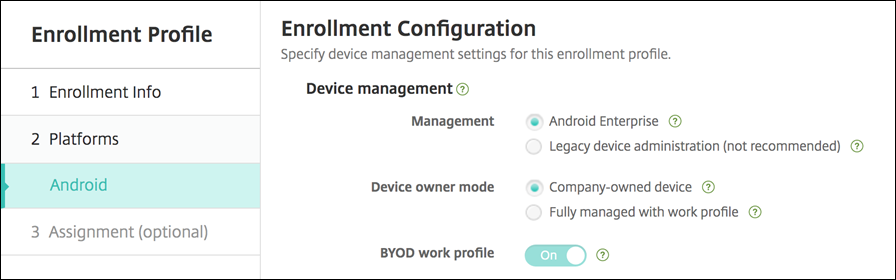 Options de profil d'inscription sans fonctionnalité multimode