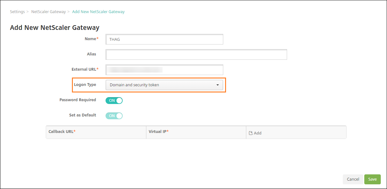 Pantalla de configuración de Citrix Gateway