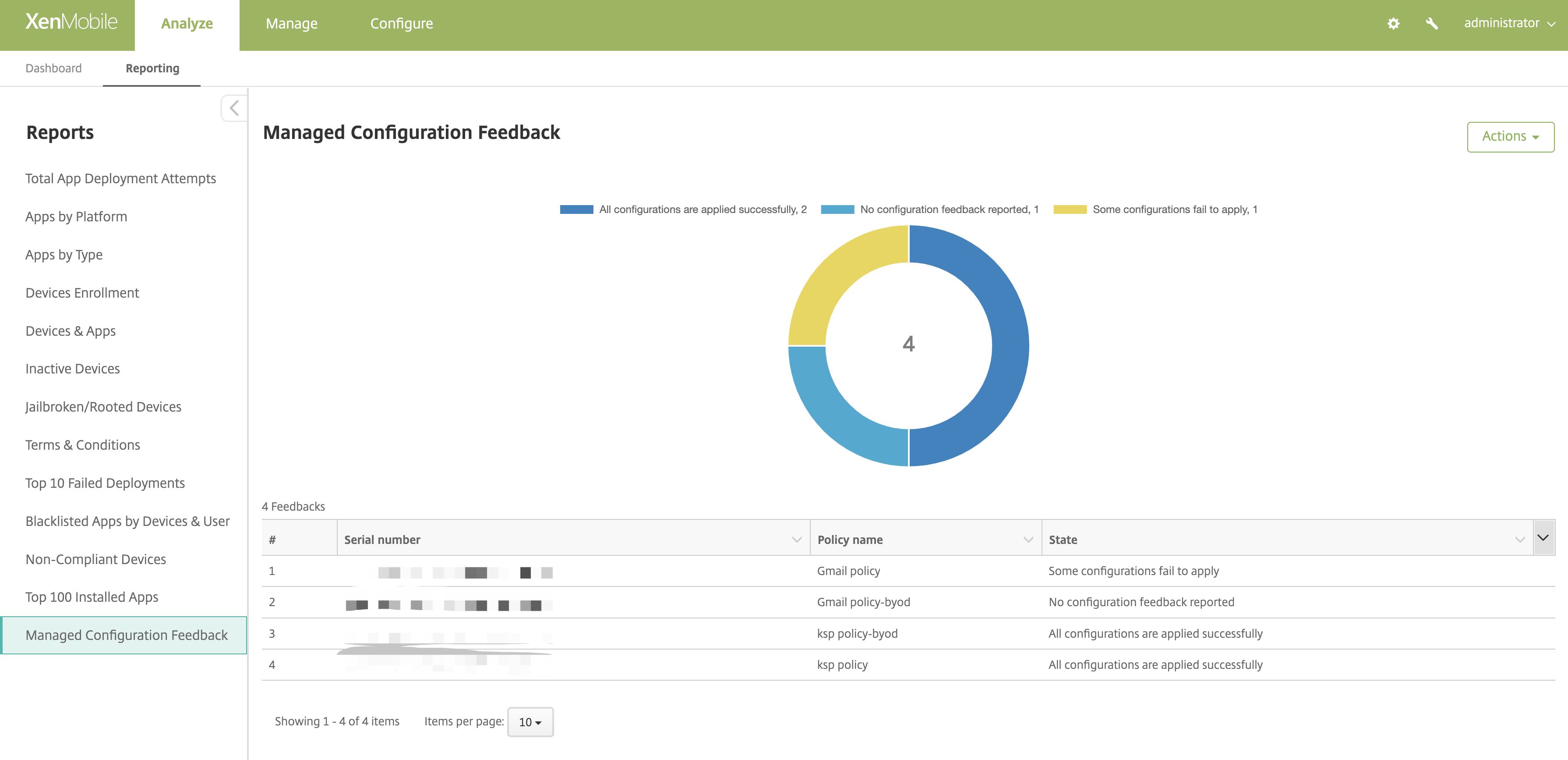 Manage configuration feedback report
