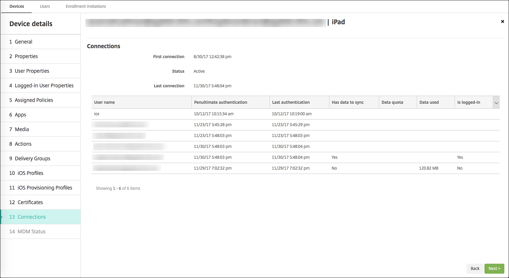 Tela de configuração de dispositivos