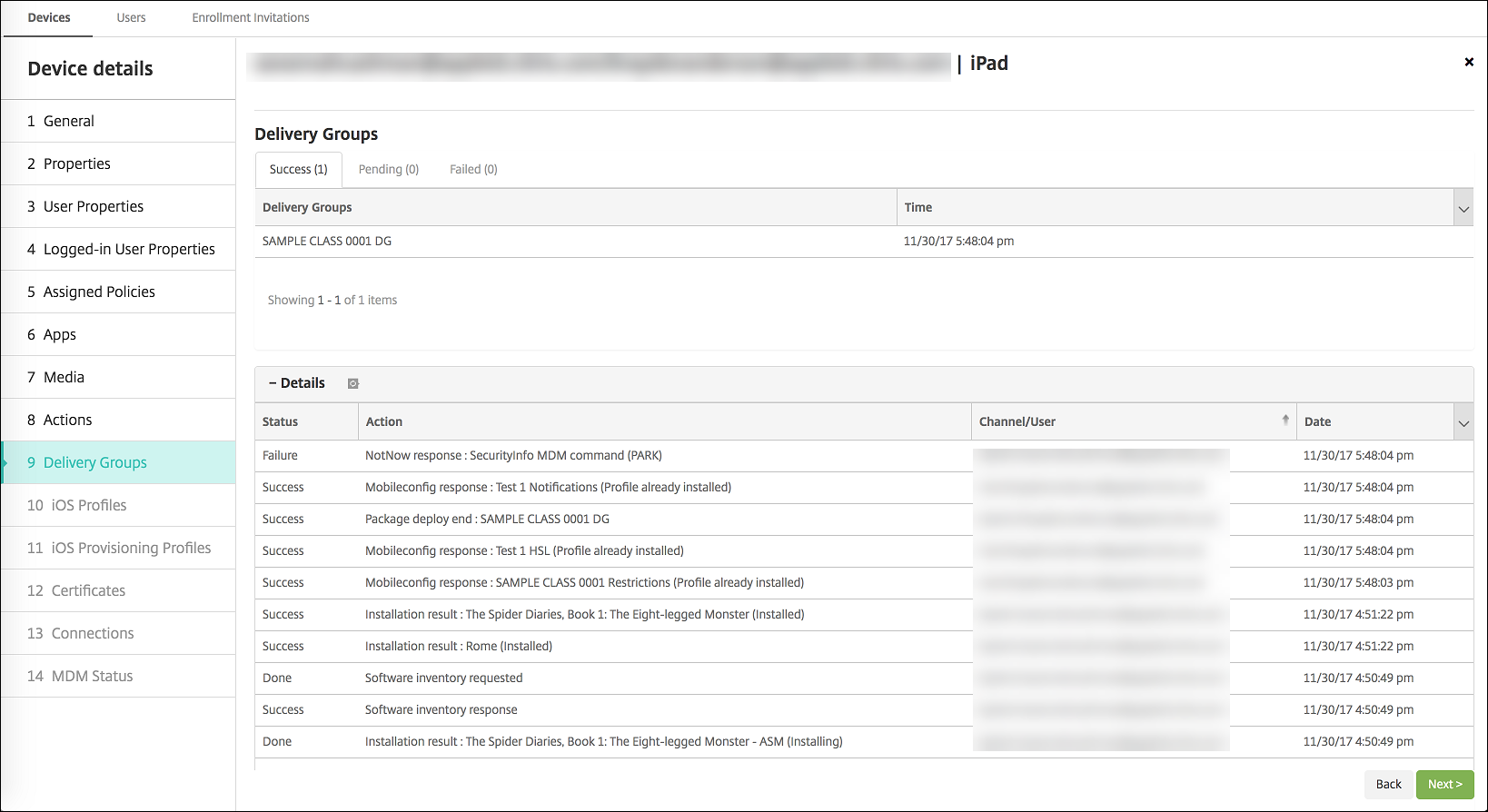 Tela de configuração de dispositivos