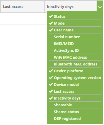 Imagen de las opciones de personalización de la tabla Dispositivos