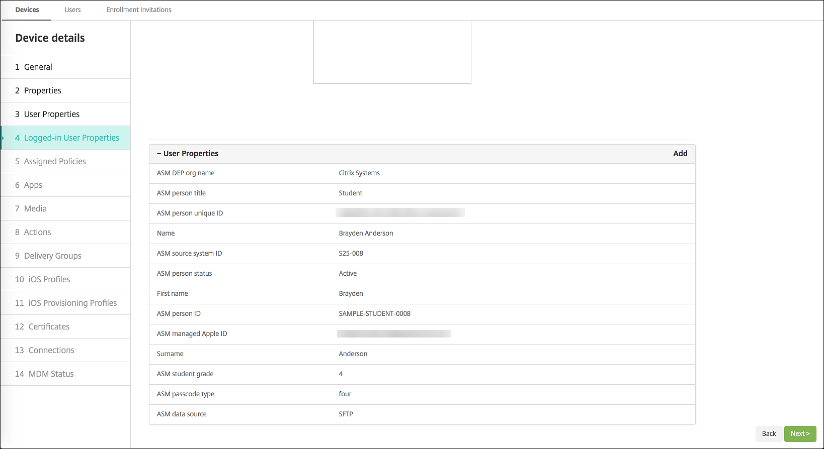 Pantalla de configuración de dispositivos