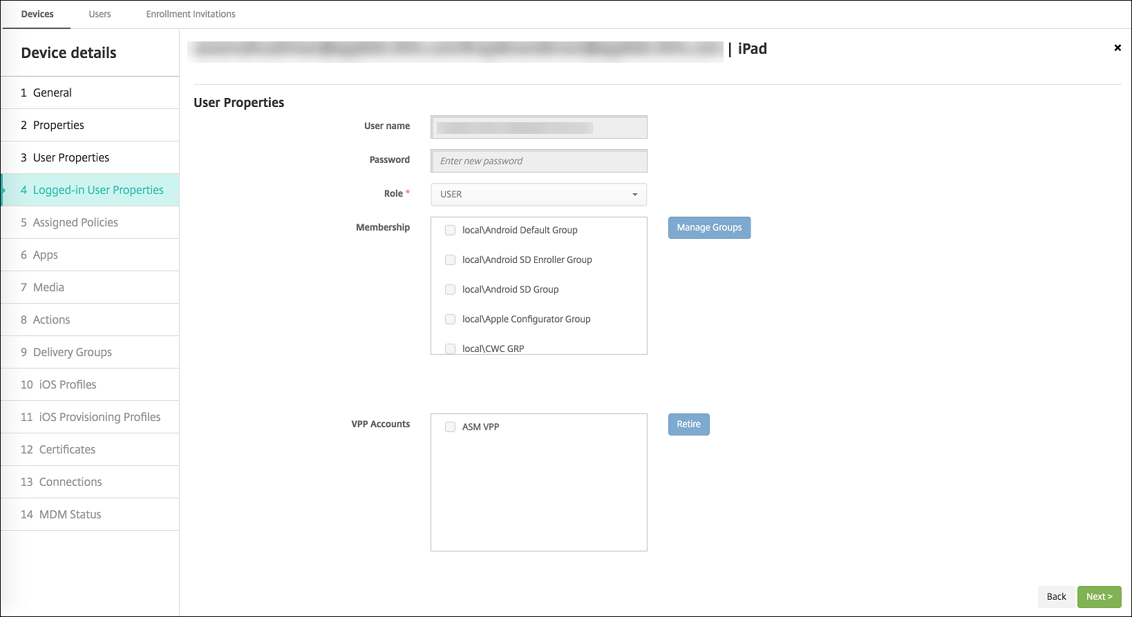 Devices configuration screen