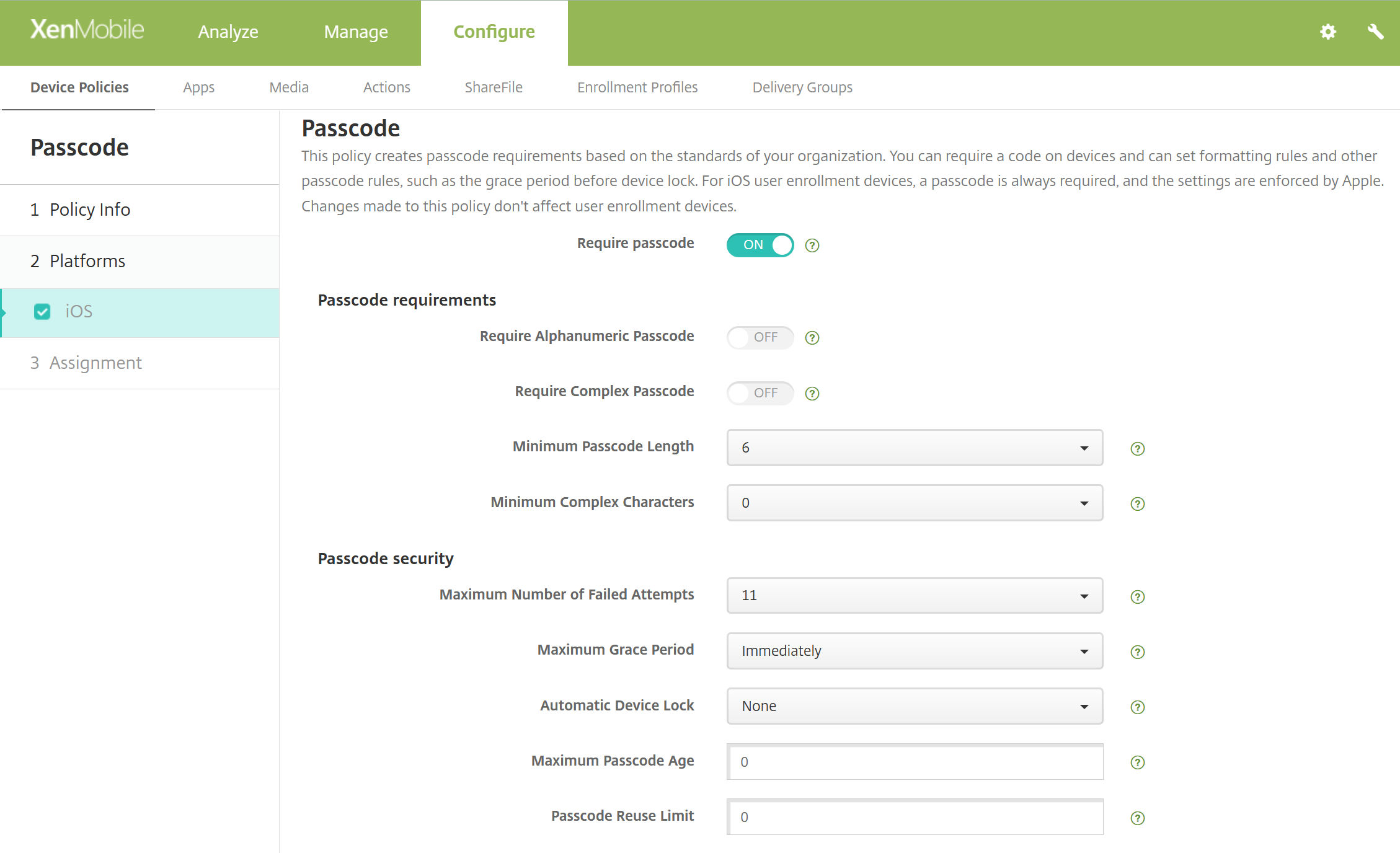 Passcode device policy