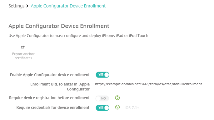 Écran des paramètres du programme de déploiement d'Apple