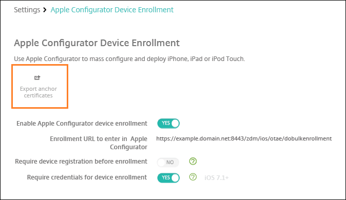 Apple deployment program settings screen