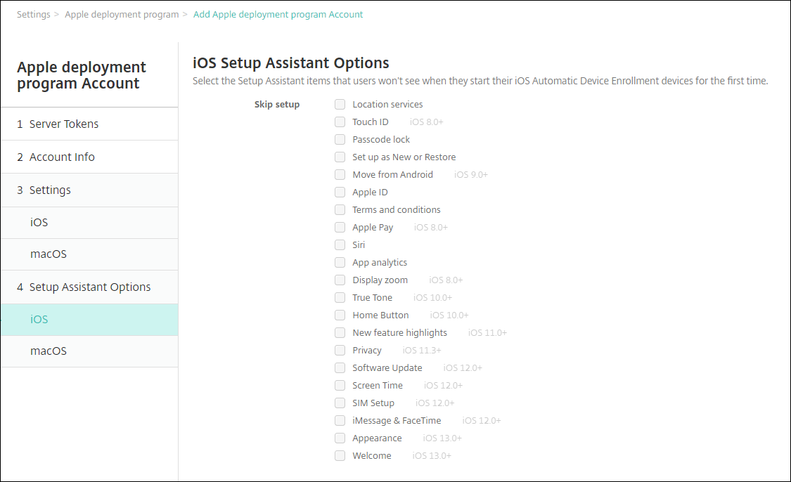 Tela de configurações do Programa de implantação da Apple