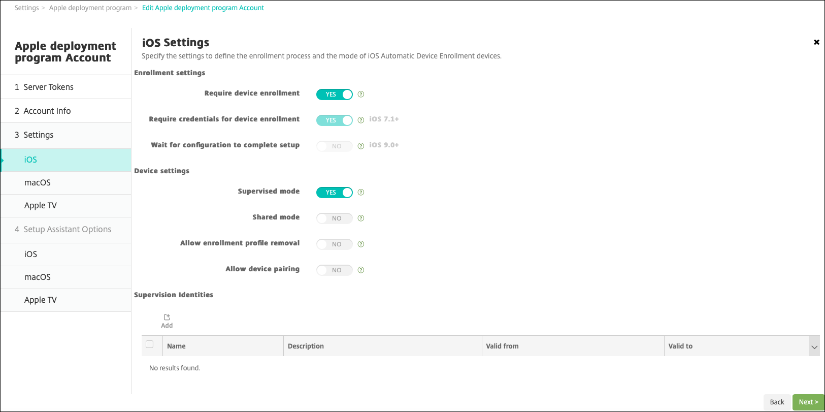 Pantalla de configuración del Programa de implementación de Apple