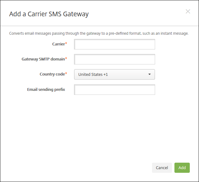 Agregar una puerta de enlace SMS de servidor de notificaciones