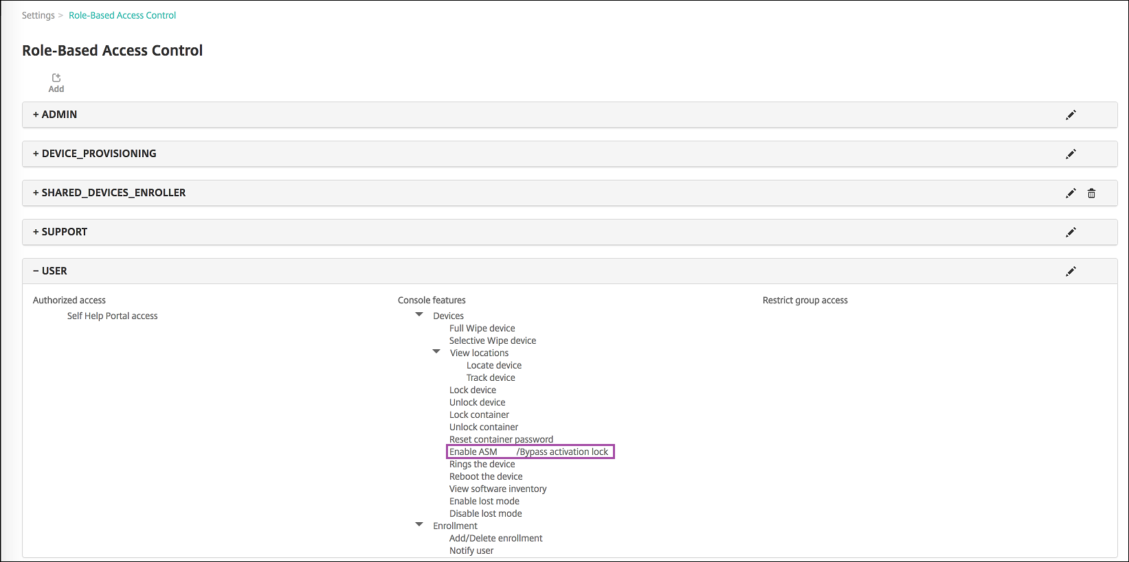 RBAC configuration screen