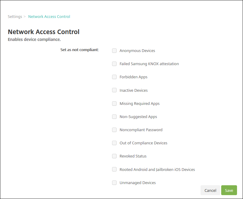 Imagen de los parámetros de Control de acceso de red